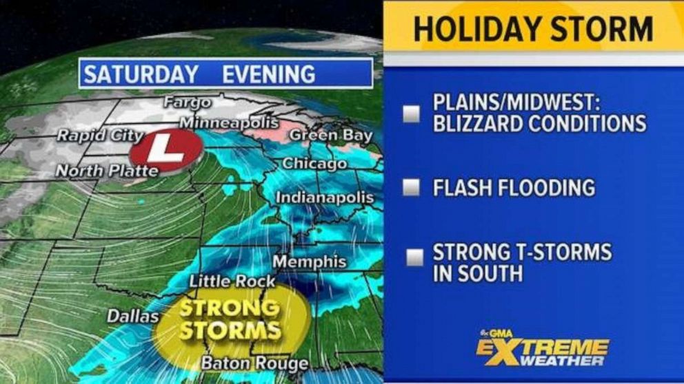 PHOTO: By Saturday the major Western storm is moving into the Central U.S. stretching from the Northern Plains to the Gulf Coast with heavy snow, heavy rain, and severe weather.