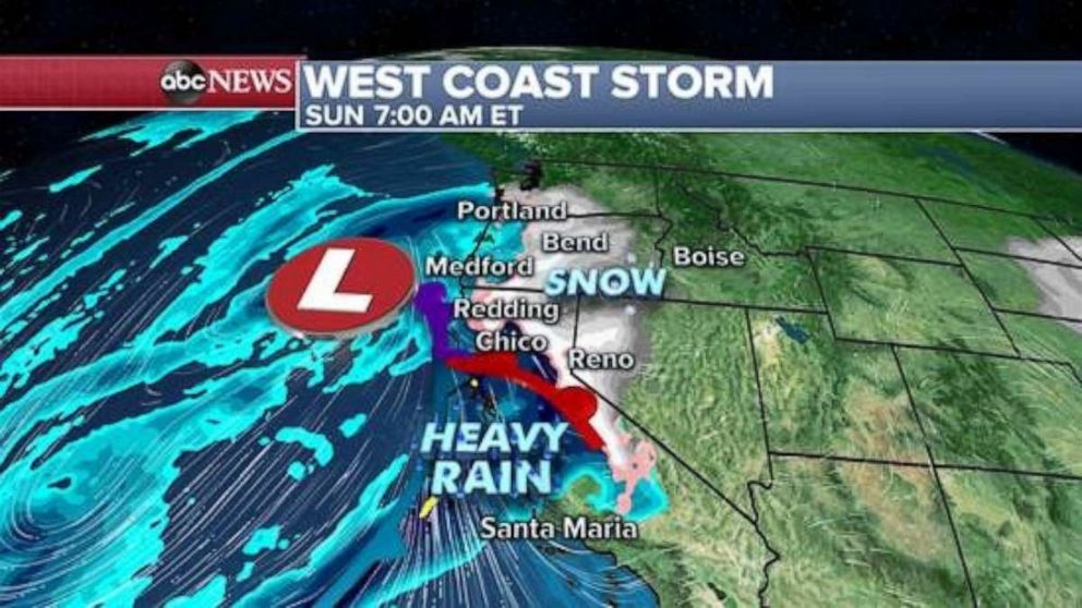 PHOTO: A storm system located off the west coast has set up an “atmospheric river” bringing excessive moisture from California to Oregon.