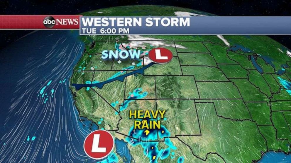 PHOTO: On Tuesday, two storms will enter the West Coast, one from the north and the other one from the South.