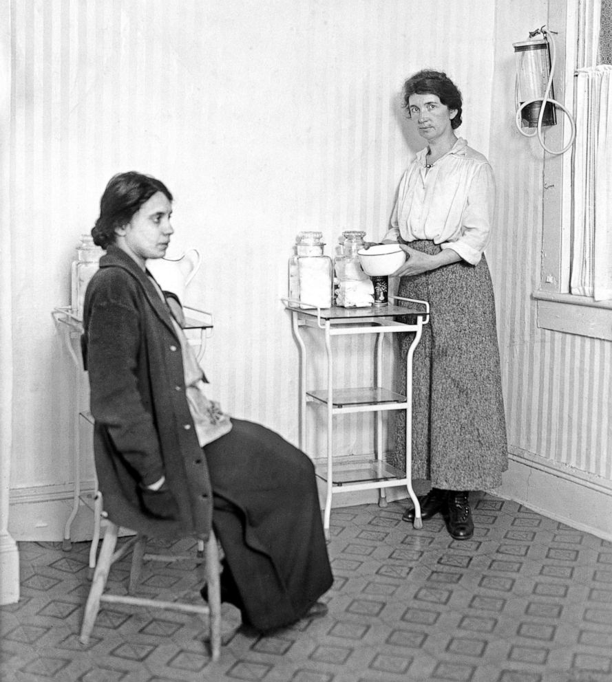PHOTO: Margaret Sanger is pictured with Fania Mindell inside her Birth Control Clinic in Brownsville, Brooklyn, N.Y., in 1916.