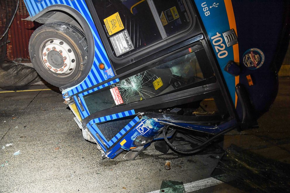 PHOTO: Various people were injured after a passenger bus experienced an issue and was left hanging off an overpass in New York's Bronx, Jan. 14, 2021.
