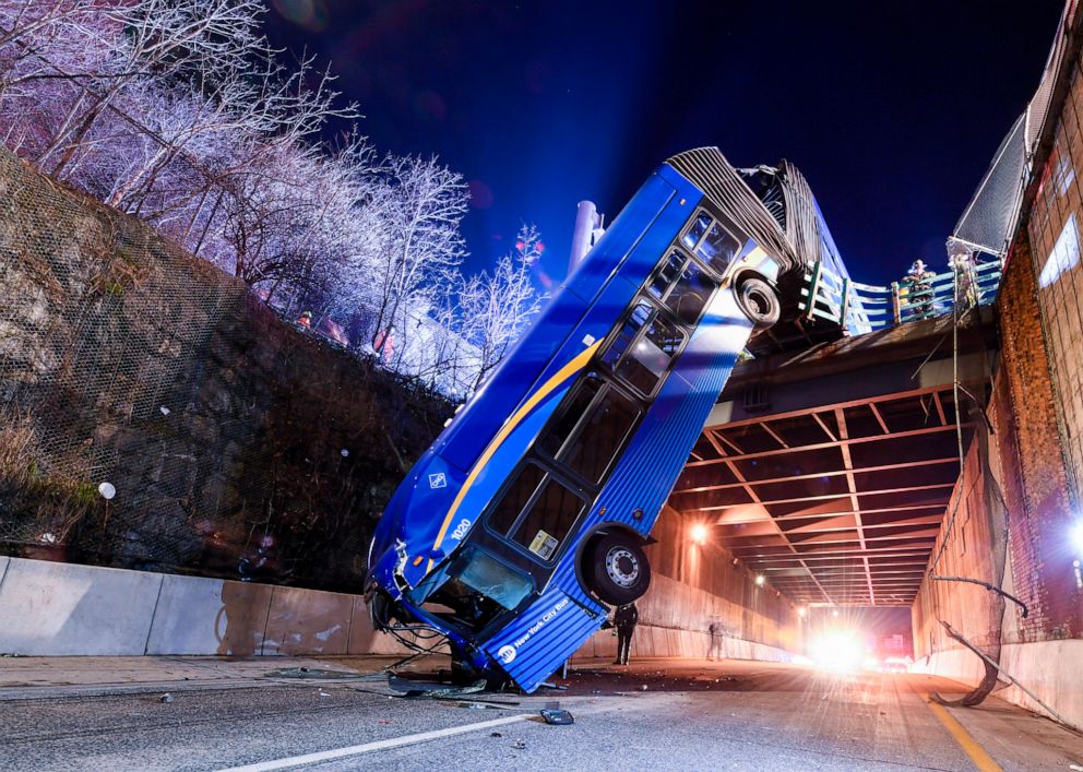 PHOTO: Various people were injured after a passenger bus experienced an issue and was left hanging off an overpass in New York's Bronx, Jan. 14, 2021.