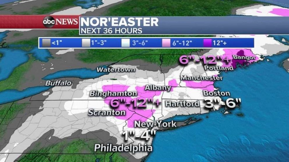PHOTO: Major populated areas like Philadelphia, New York City and Boston will change to snow later this morning and into the afternoon with Philadelphia and New York City getting 1 to 3 inches of snow.
