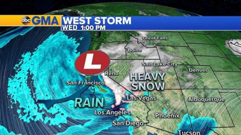 PHOTO: By Wednesday morning, the storm systems will combine in the Rockies with heavy rain for Arizona and New Mexico and snow from Lake Tahoe to the Rockies.