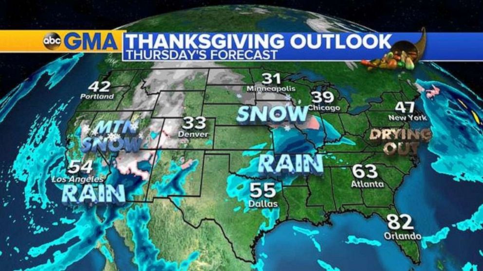 PHOTO: The stormy pattern continues into the holiday itself with rain and snow across the west and a new batch of rain from Texas to Missouri.  