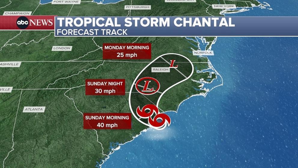 PHOTO: An ABC News graphic shows the expected track of Tropical Storm Chantal as of Sunday, July 6, 2025. 