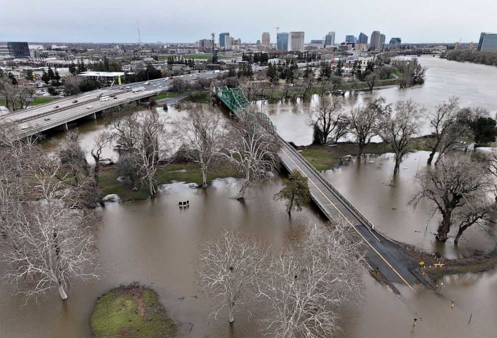 PHOTO: Flooding near downtown Sacramento, Calif. occurred due to the rainstorm-swollen Sacramento and American Rivers, Jan. 11, 2023.