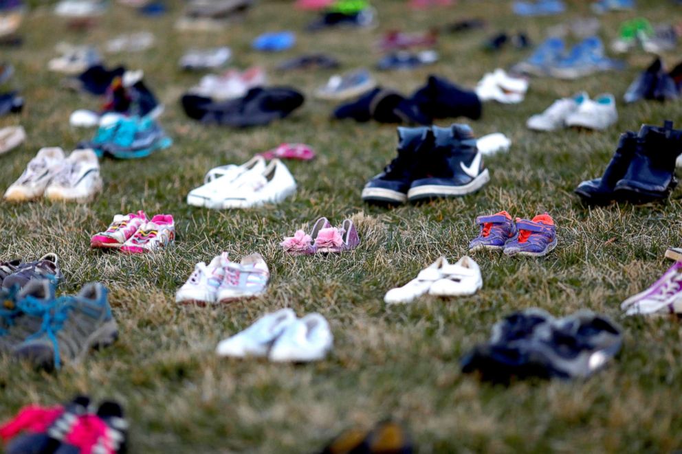 PHOTO: Over 7000 shoes sit on the lawn in front of the U.S. Capitol in Washington, D.C.,March 13, 2018. Members of AVAAZ spent the morning placing them as a symbol of the number of lives lost since the shooting at Sandy Hook elementary in Newtown, Ct.