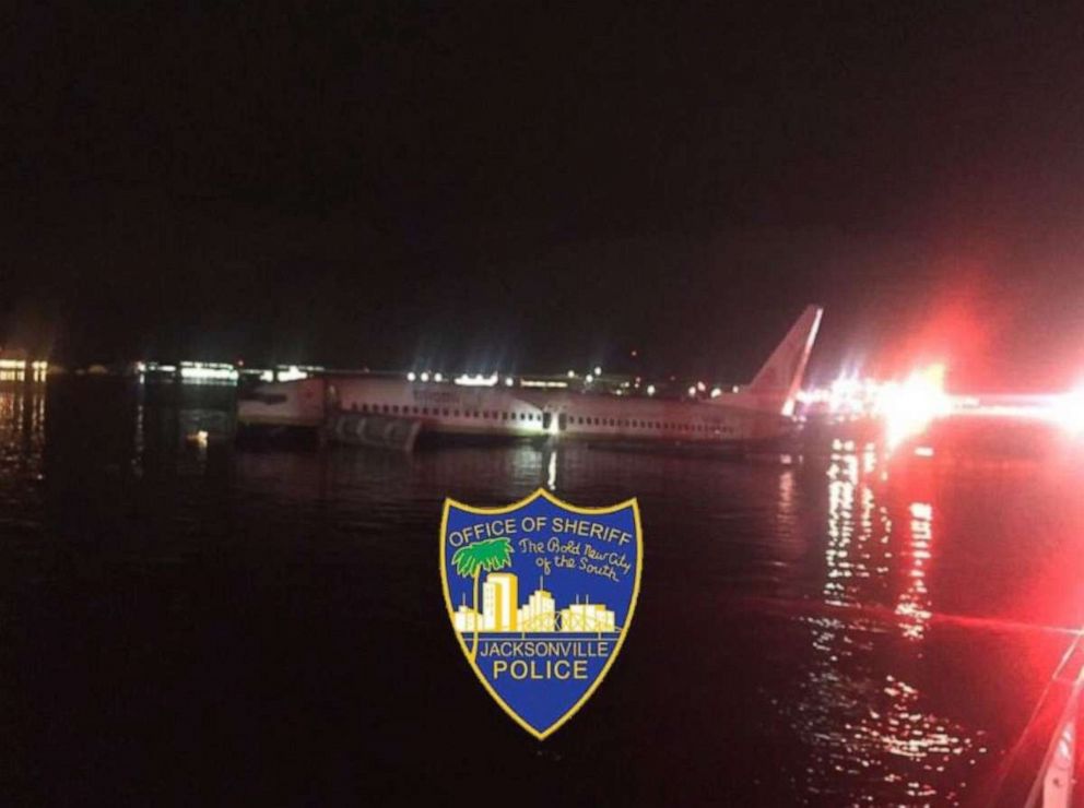 PHOTO: A Boeing 737 contracted by the Department of Defense skidded off a runway at Naval Air Station Jacksonville, Fla., on Friday, May 3, 2019. No one was seriously injured.