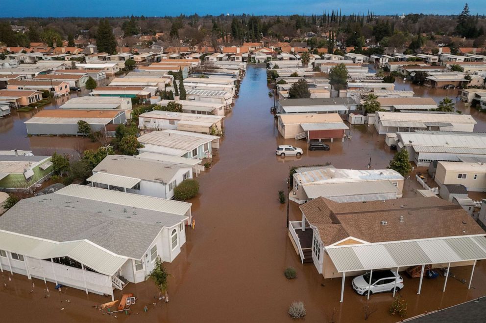 PHOTO: The Riviera Holiday Mobile Estates/Senior Community was flooded after another wave of storms in Merced, Calif., Jan. 10, 2023.