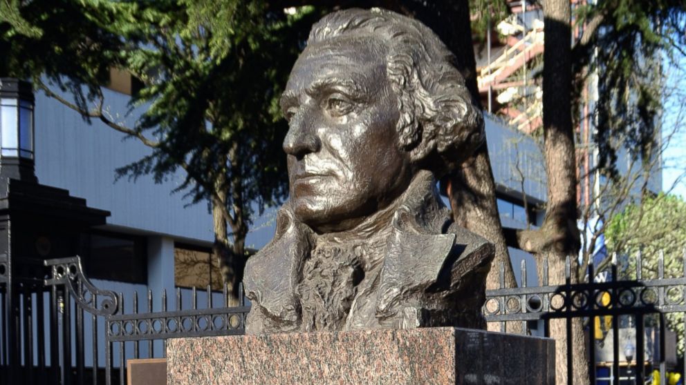 A bust of the first U.S. President, George Washington (1732-1799) on the campus of G.W.U. George Washington University, founded in 1821.