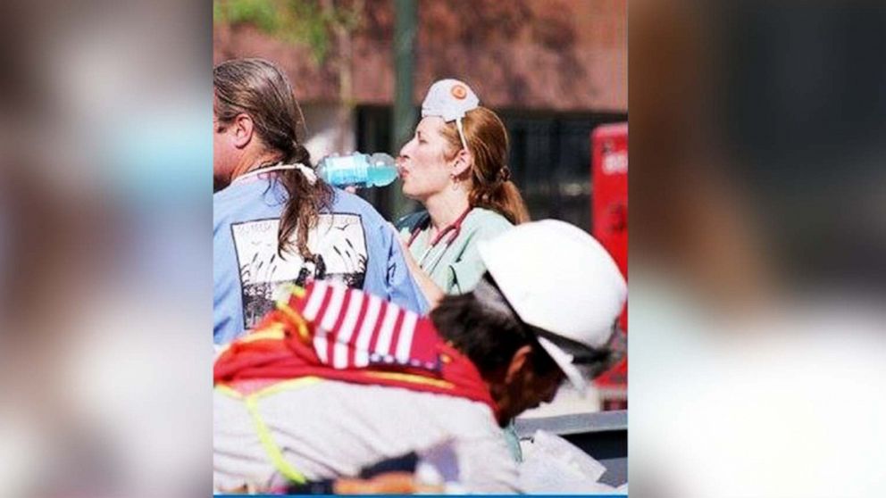 PHOTO: Veterinarian Dr. Barbara Kalvig takes a sip of water near Ground Zero.