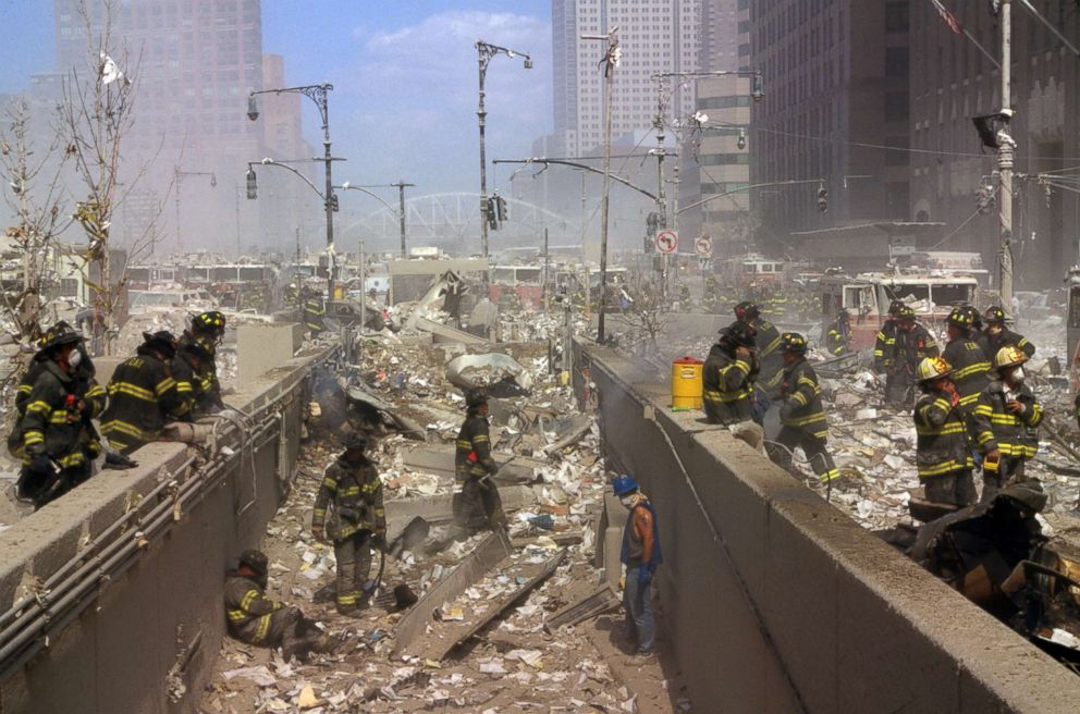 PHOTO: New York City firefighters working amid the rubble of the World Trade Centre following the attacks, Sept. 11, 2001. 