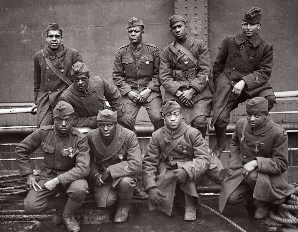 PHOTO: The 369th Infantry Regiment (15th N.Y.) Known as "The Harlem Hellfighters" is pictured on the deck of the ship Stockholm, upon their return to the U.S. from Europe, on Feb. 12, 1919. 