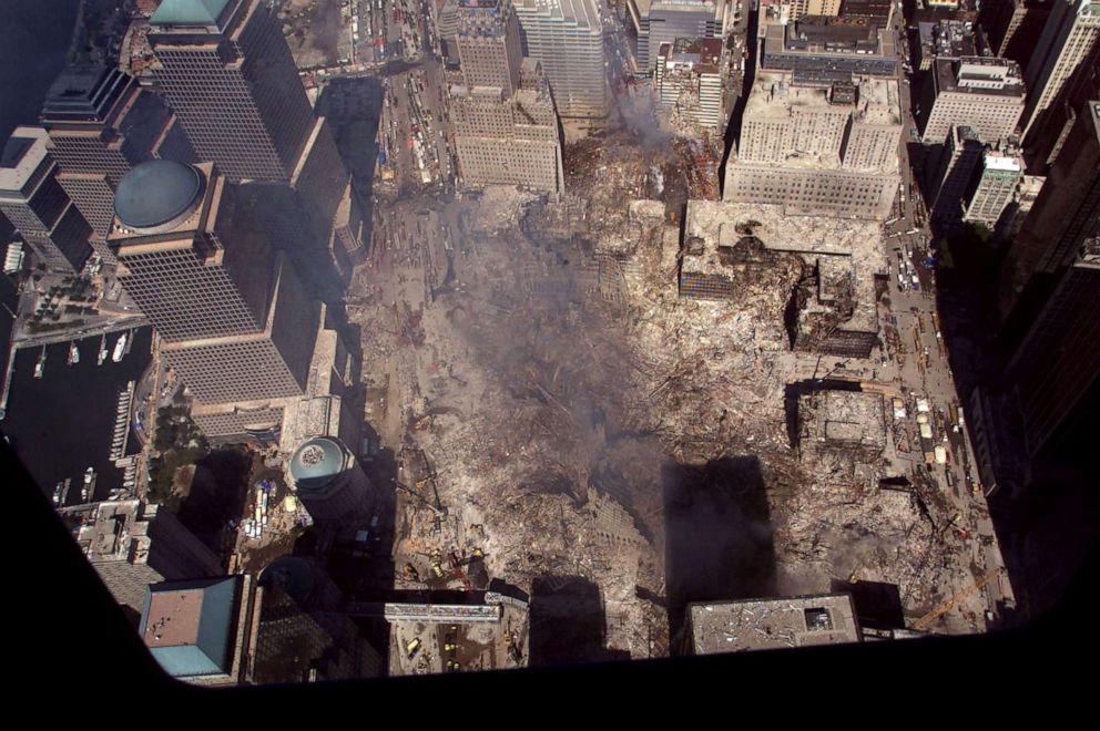 PHOTO: Smoke continues to rise from the destroyed World Trade Center, Sept, 19, 2001 in New York. 