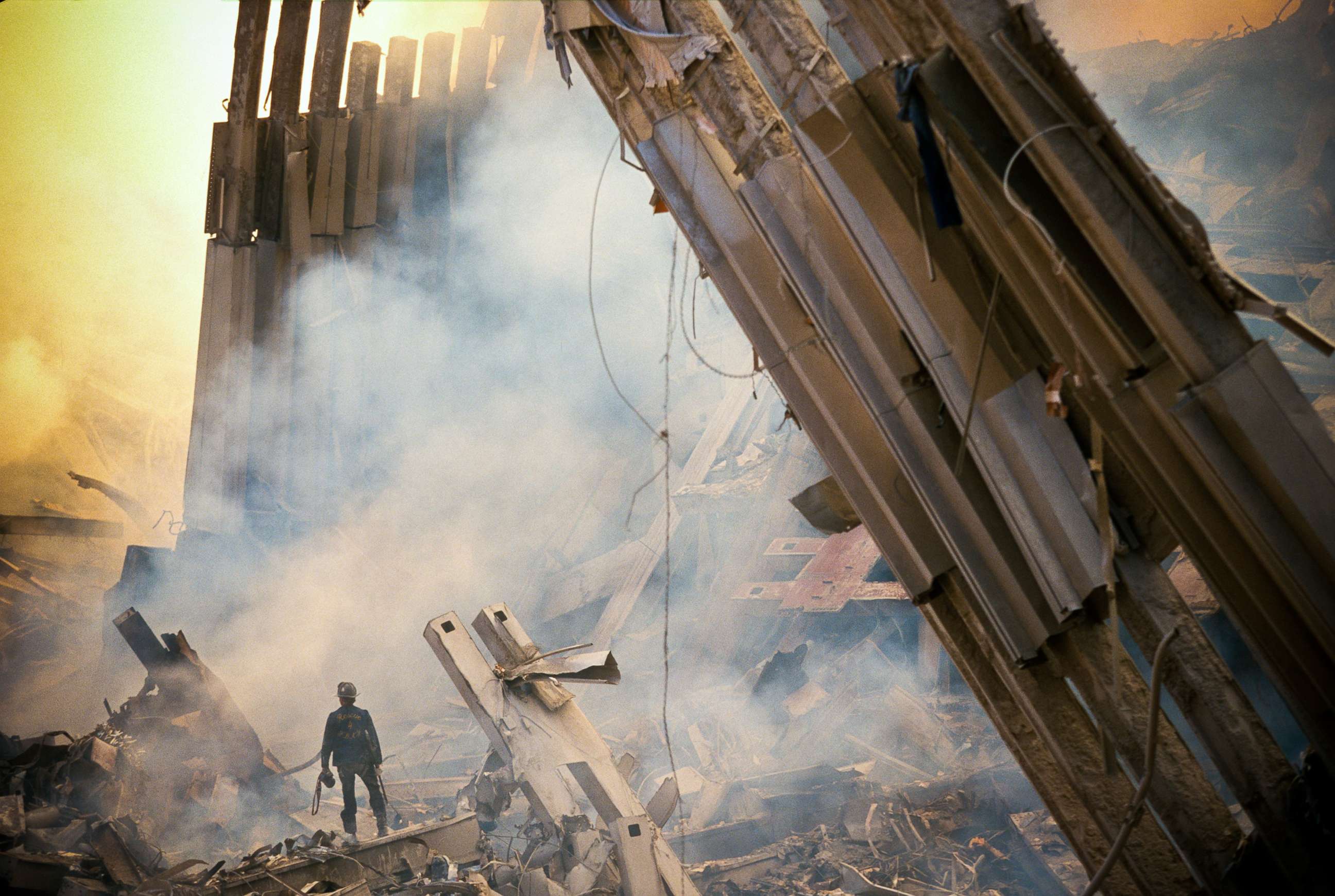 PHOTO: The rubble of the World Trade Center smoulders following a terrorist attack Sept. 11, 2001 in New York.