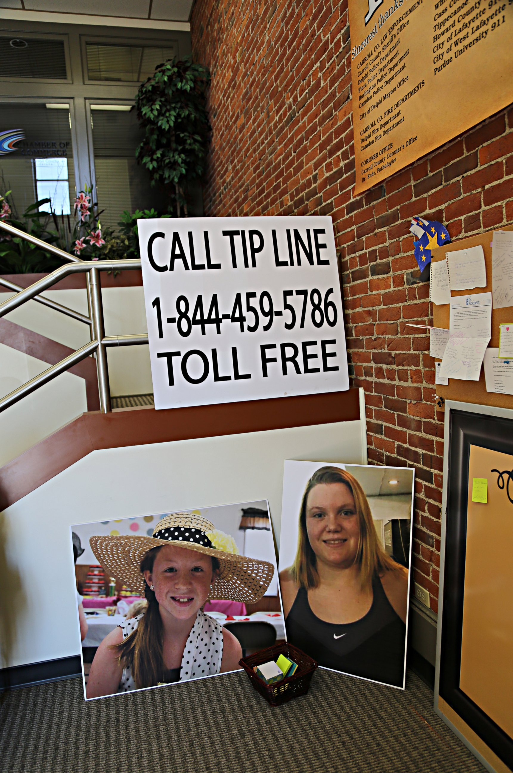 PHOTO: Photos of Abby Williams, left, and Libby German, right, at police headquarters in Delphi, Indiana.