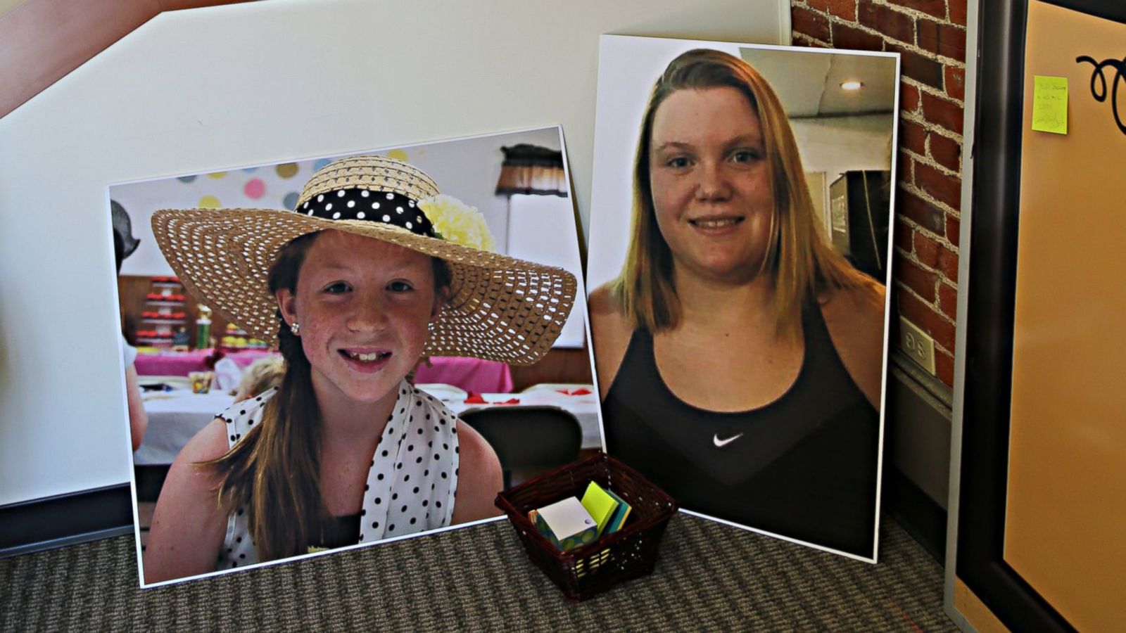 PHOTO: Photos of Abby Williams, left, and Libby German, right, at police headquarters in Delphi, Indiana.