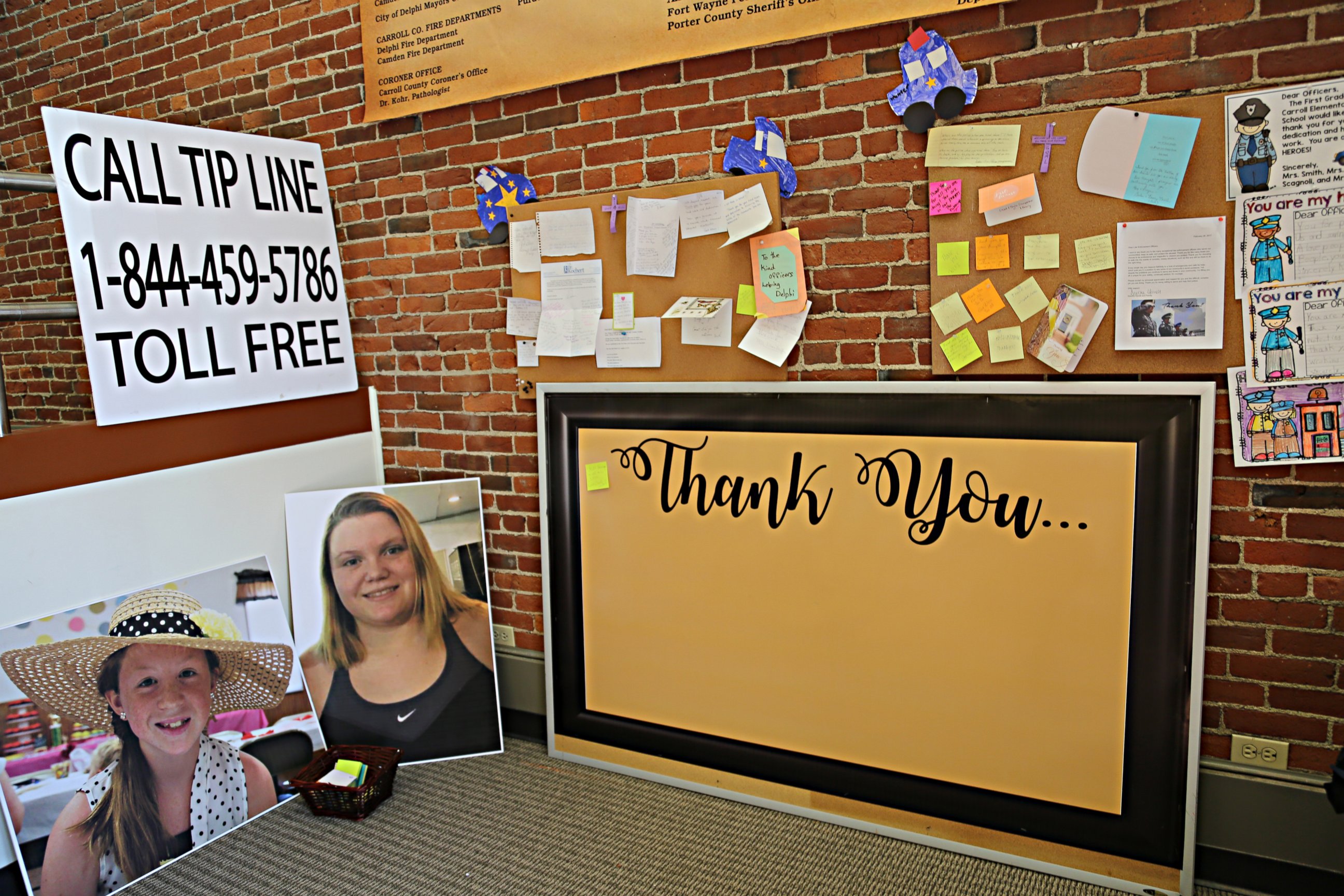 PHOTO: Photos of Abby Williams, left, and Libby German, right, at police headquarters in Adelphi, Indiana. 