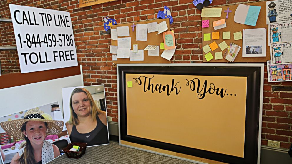 PHOTO: Photos of Abby Williams, left, and Libby German, right, at police headquarters in Delphi, Indiana.