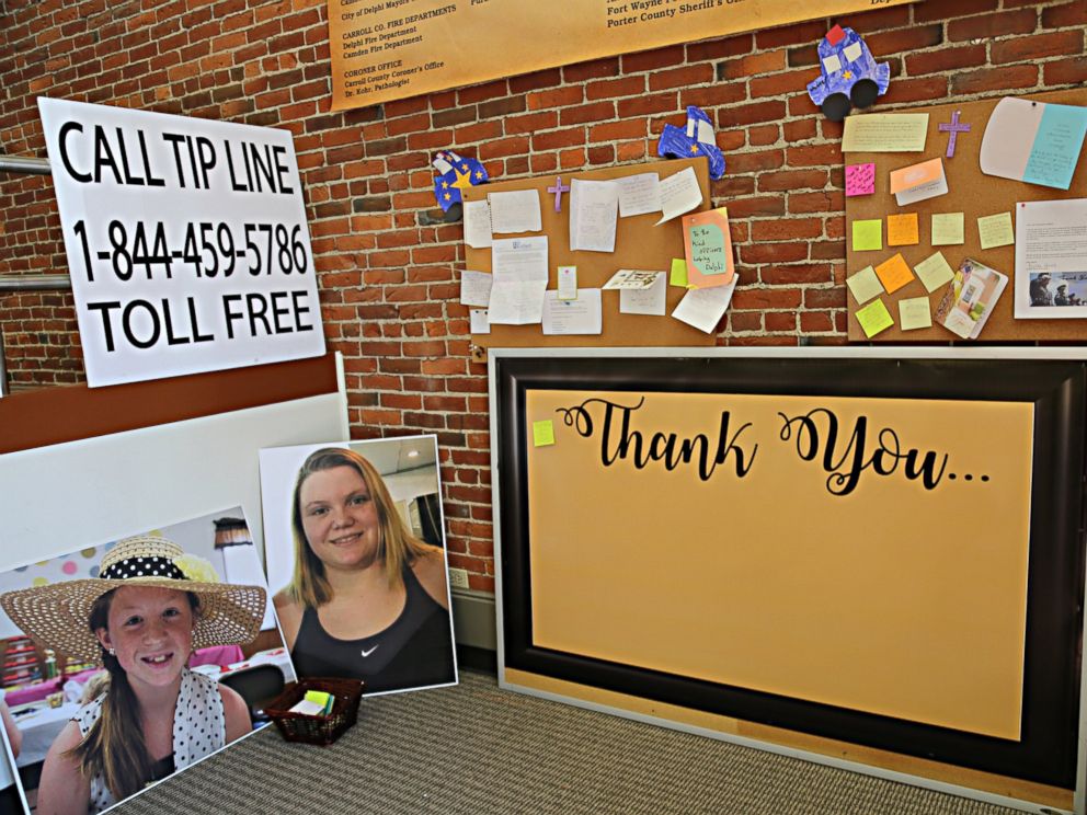PHOTO: Photos of Abby Williams, left, and Libby German, right, at police headquarters in Delphi, Indiana.