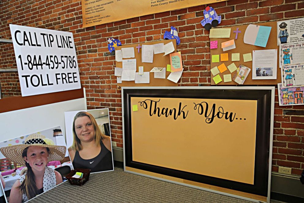 PHOTO: Photos of Abby Williams, left, and Libby German, right, at police headquarters in Delphi, Indiana. 