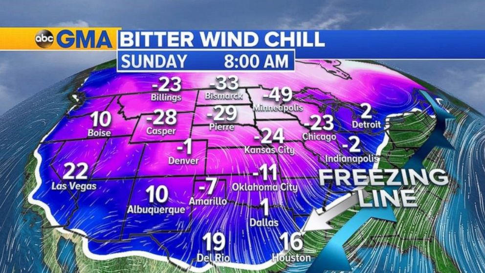 PHOTO: The wind chills, or feels like temperatures, will make this winter storm feel even colder over the weekend.