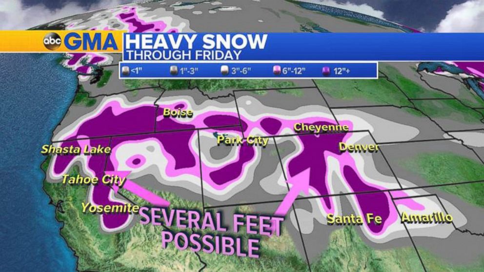 PHOTO: The moisture drenching California will turn to snow in elevated regions, including the Sierra Nevada range and the Rocky Mountains.