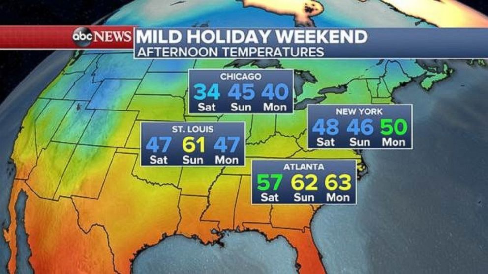 PHOTO: Two-thirds of the country will experience mild temperatures for the Christmas holiday weekend. 