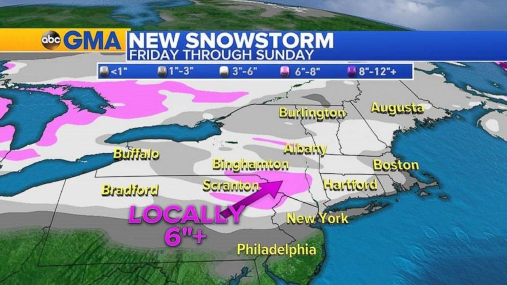 PHOTO: The snowstorm will move into the Northeast region after midnight. Inland areas could see more than a half a foot of snow locally.