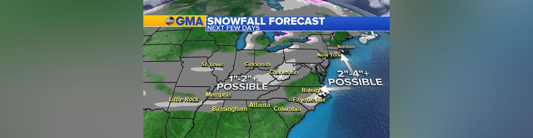 PHOTO: The scope of the projected snowfall stretches from the Ohio Valley to the Deep South and up to the Northeast