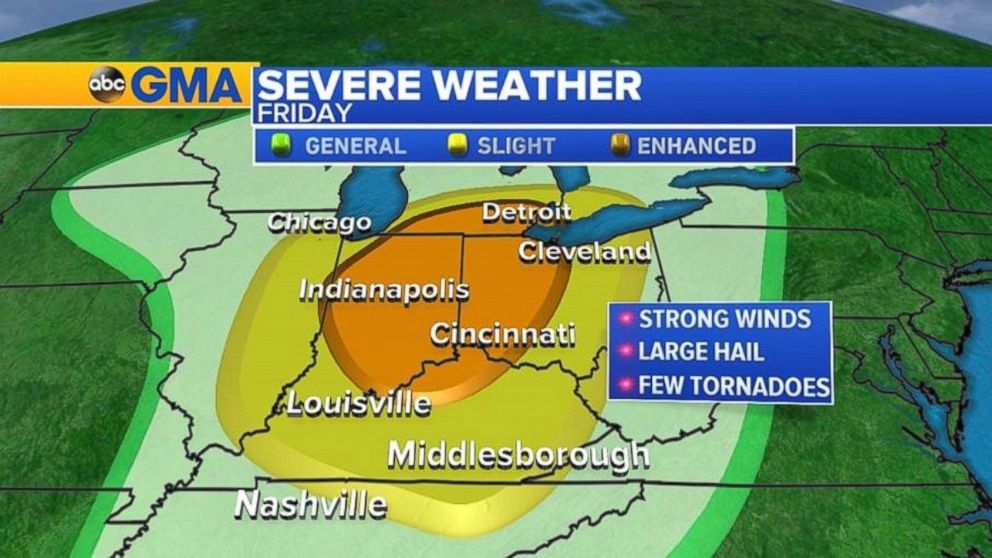 PHOTO: By Friday night, the storm system will move into the Great Lakes and Ohio Valley regions with the potential to bring damaging winds, hail and even tornadoes.