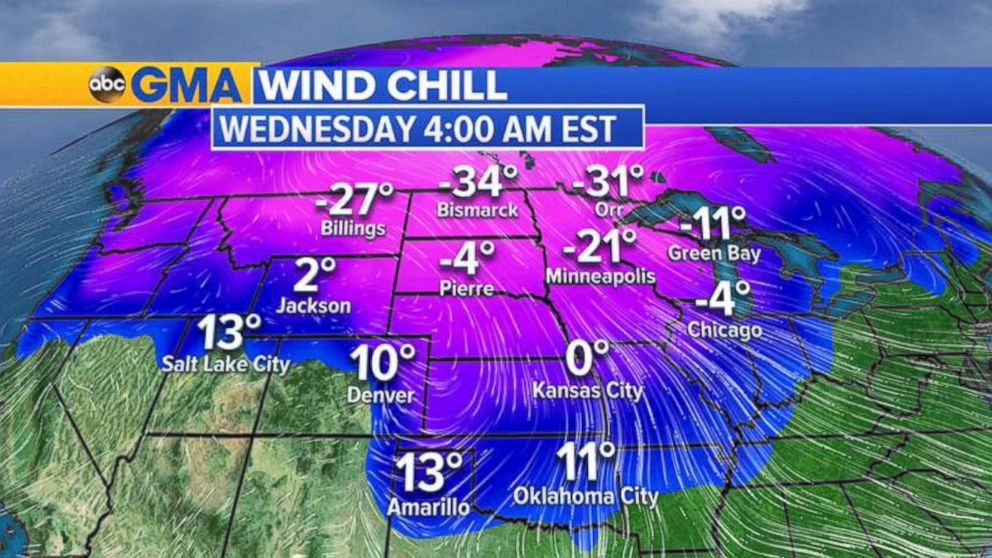 PHOTO: Wind chills, or feels like temperatures, could fall as low as -45 degrees Fahrenheit in the Midwest on Wednesday morning.