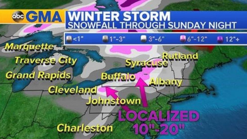 Snowfall of up to 2 feet is expected to accumulate in some areas through Sunday night.