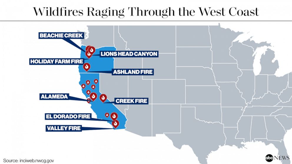 Death Toll Climbs To 17 As Wildfires Burn Millions Of Acres In California Oregon Abc News