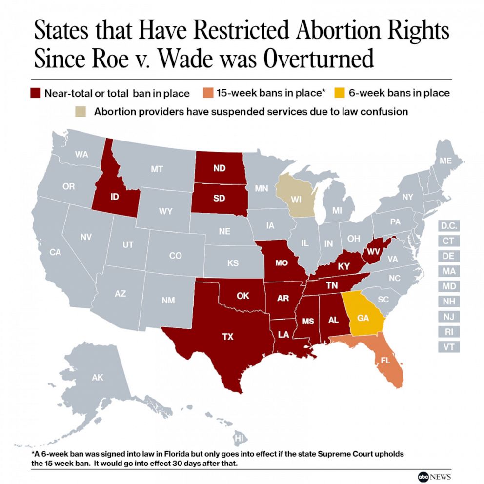 States that Have Restricted Abortion Rights Since Roe v. Wade was Overturned