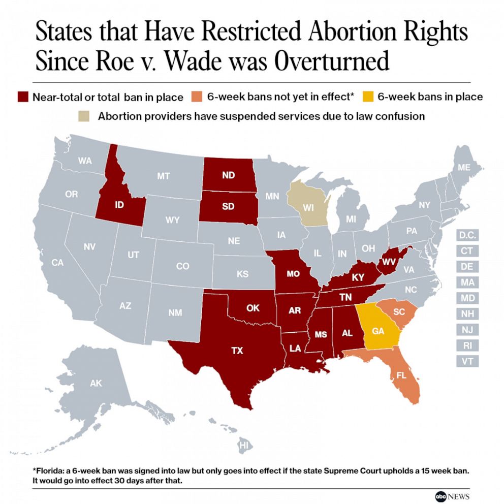 PHOTO: States that Have Restricted Abortion Rights Since Roe v. Wade was Overturned