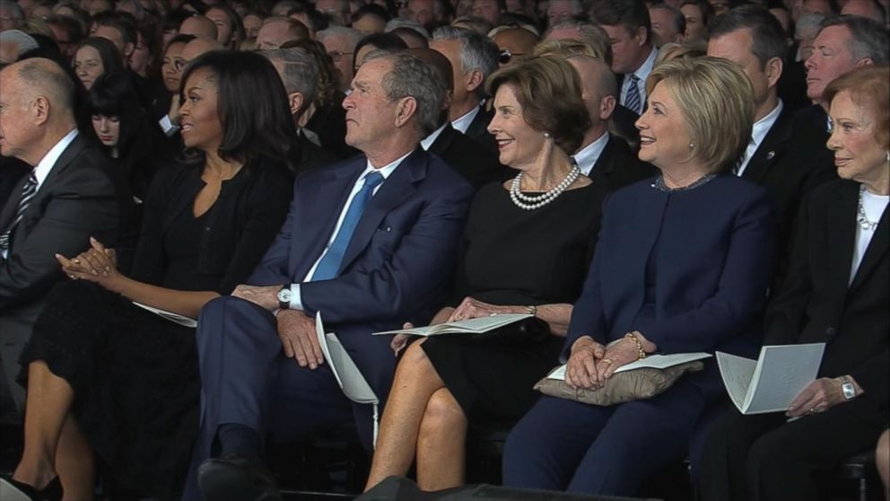 PHOTO: Michelle Obama, George W. Bush, Laura Bush and Hillary Clinton attend the funeral for Nancy Reagan, March 11, 2016, at the Ronald Reagan Presidential Library in Simi Valley, California. 