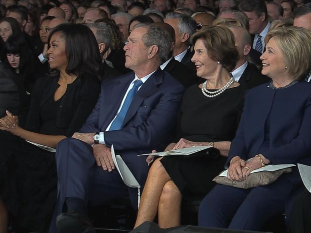 PHOTO: Michelle Obama, George W. Bush, Laura Bush and Hillary Clinton attend the funeral for Nancy Reagan, March 11, 2016, at the Ronald Reagan Presidential Library in Simi Valley, California.