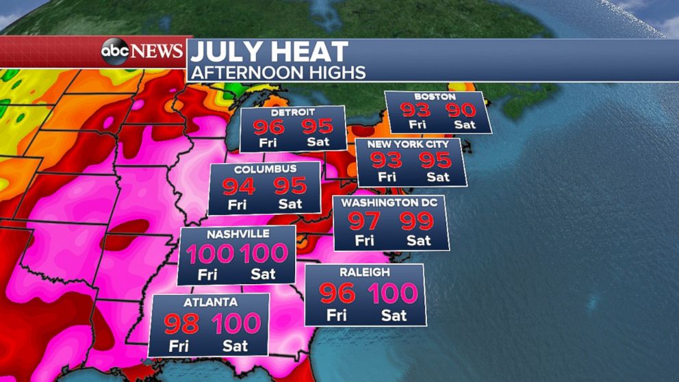 PHOTO: Fri-Sat Highs Northeast: The heat expands toward the east coast into the weekend with afternoon highs in the mid to upper 90s for most, some could reach triple digits.