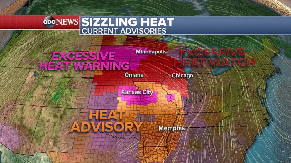 PHOTO: Heat Advisories: Excessive Heat Watches, Warnings, and Advisories stretch across 16 states from Louisiana to Minnesota.