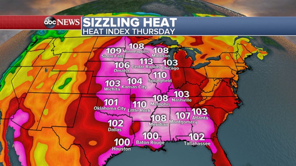 PHOTO: Heat Index: The hottest day for the Midwest is expected to be on Thursday when the heat index will reach well over 100 degrees from the Gulf Coast to Canadian Border.