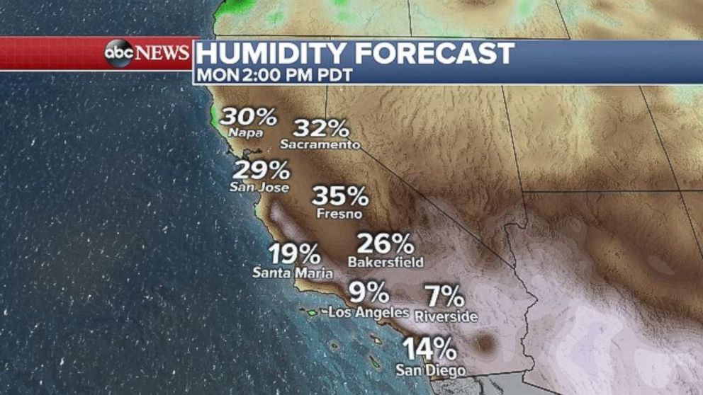 PHOTO: A weather map of Southern California, where temperatures are forecast to hit dangerous triple digits levels on Monday.