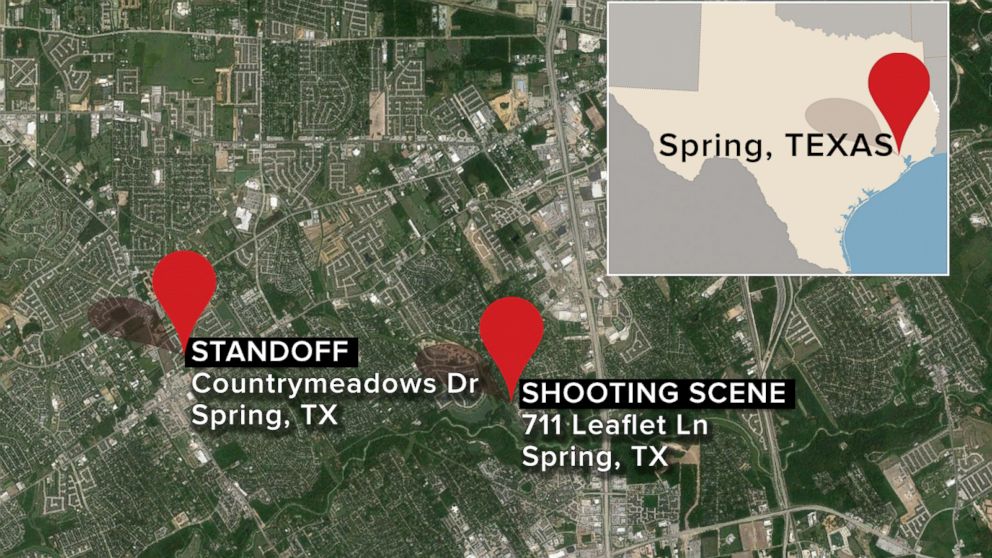 PHOTO: This map shows the location of a shooting in Spring, Texas, and where the shooting suspect engaged in a standoff with police on Wednesday, July 9, 2014