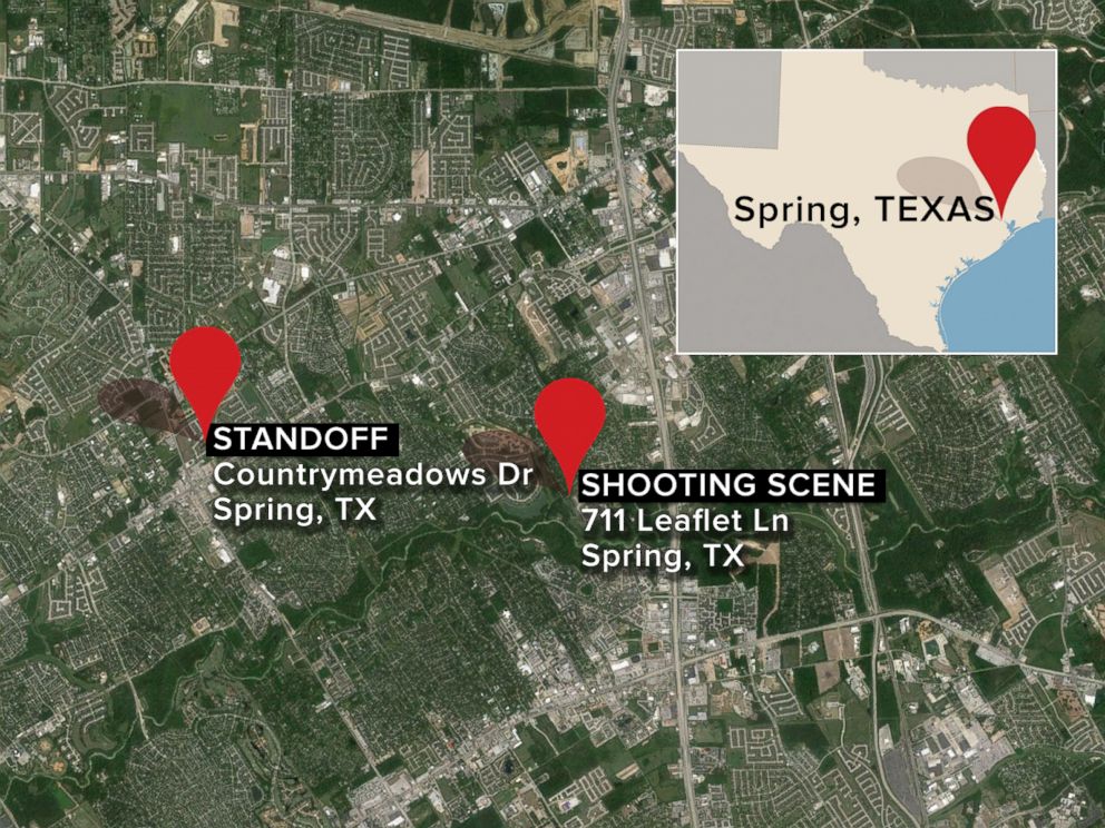 PHOTO: This map shows the location of a shooting in Spring, Texas, and where the shooting suspect engaged in a standoff with police on Wednesday, July 9, 2014