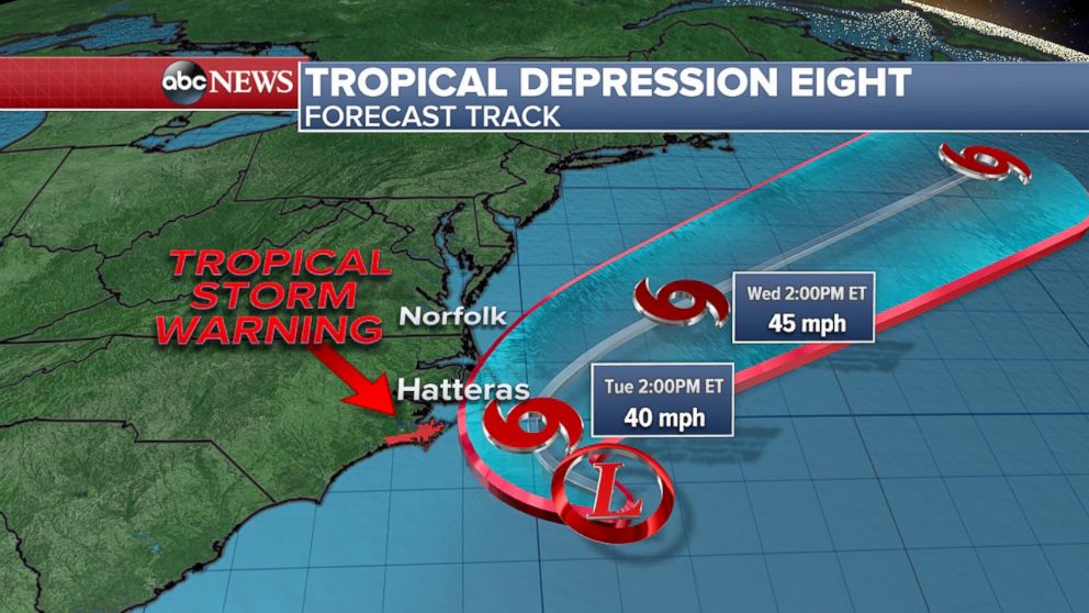 PHOTO: Tropical Depression Eight will bring Tropical Storm conditions to the North Carolina Outer Banks on Tuesday.