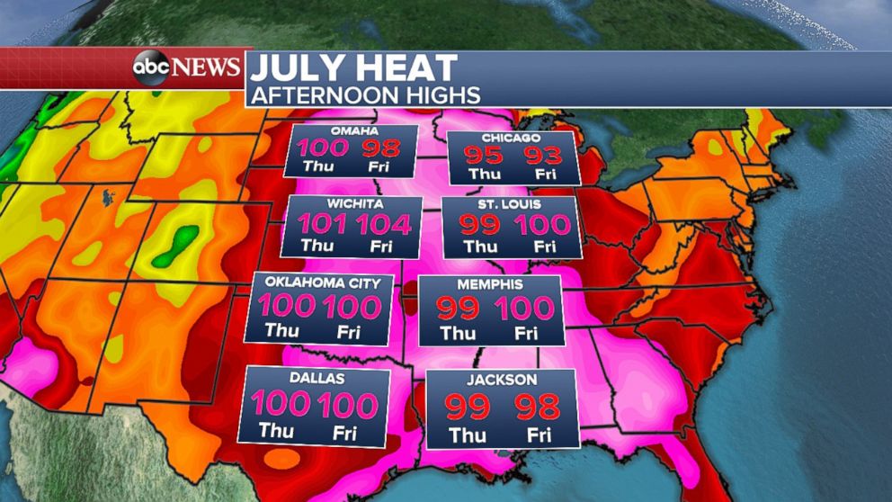 PHOTO: Thurs-Fri Highs Midwest: Actual temperatures will reach the upper 90s to 100 degrees for multiple days in a row in the Plains and Midwest.