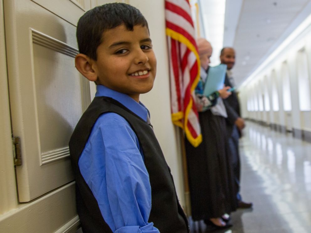 PHOTO: Ahmad Alkhalaf, 9, lost both of his arms after an airstrike hit his Syrian refugee camp. He is Congressman Seth Moultons guest for the State of the Union.