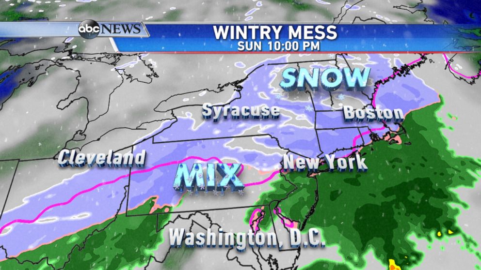 PHOTO: On Sunday evening, snow will be falling across southern New England, including Boston, with a wintry mix and some rain for areas farther south.