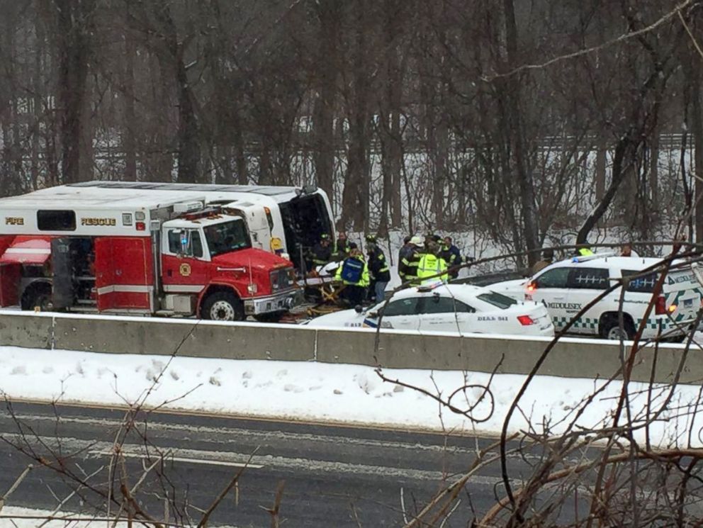 PHOTO: A bus overturned on I-95 in Madison, Connecticut, Feb. 8, 2016.